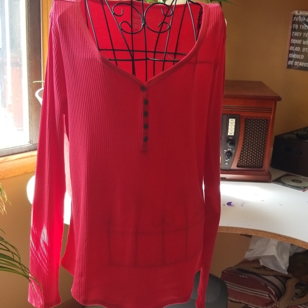 V neck 5 button down long sleeved shirt